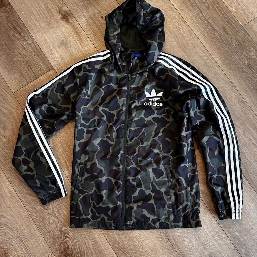 Adidas Originals Mens Camo Windbreaker Hooded Jacket Green Black Small